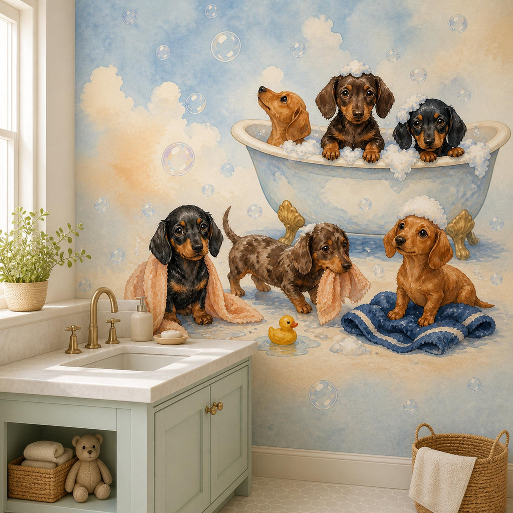 Dachshund bath time mural in a bathroom with a sage green vanity, wicker basket and teddy bear