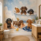 Dachshund bath time mural in a bathroom with a wooden vanity, toilet and round jute rug