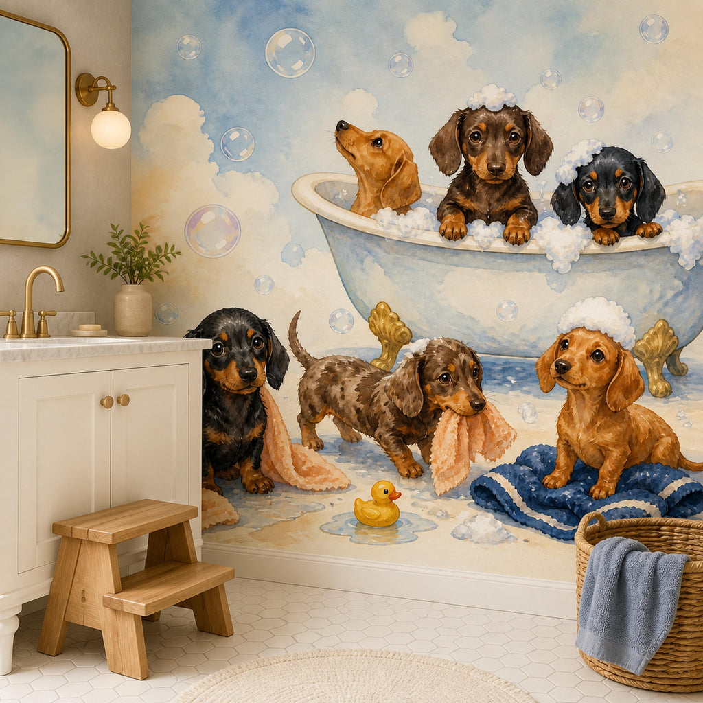 Dachshund bath time mural in a bathroom with a cream vanity, wooden step stool and towel basket