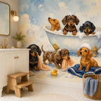 Dachshund bath time mural in a bathroom with a cream vanity, wooden step stool and towel basket