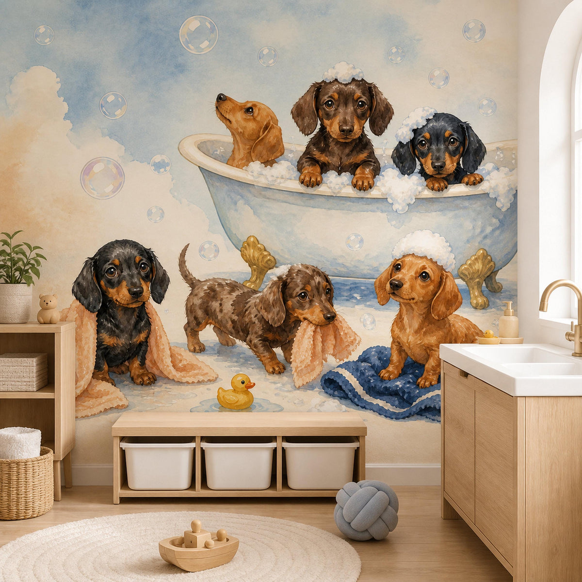 Dachshund bath time mural in a kids bathroom with a storage bench of bins and an arched window