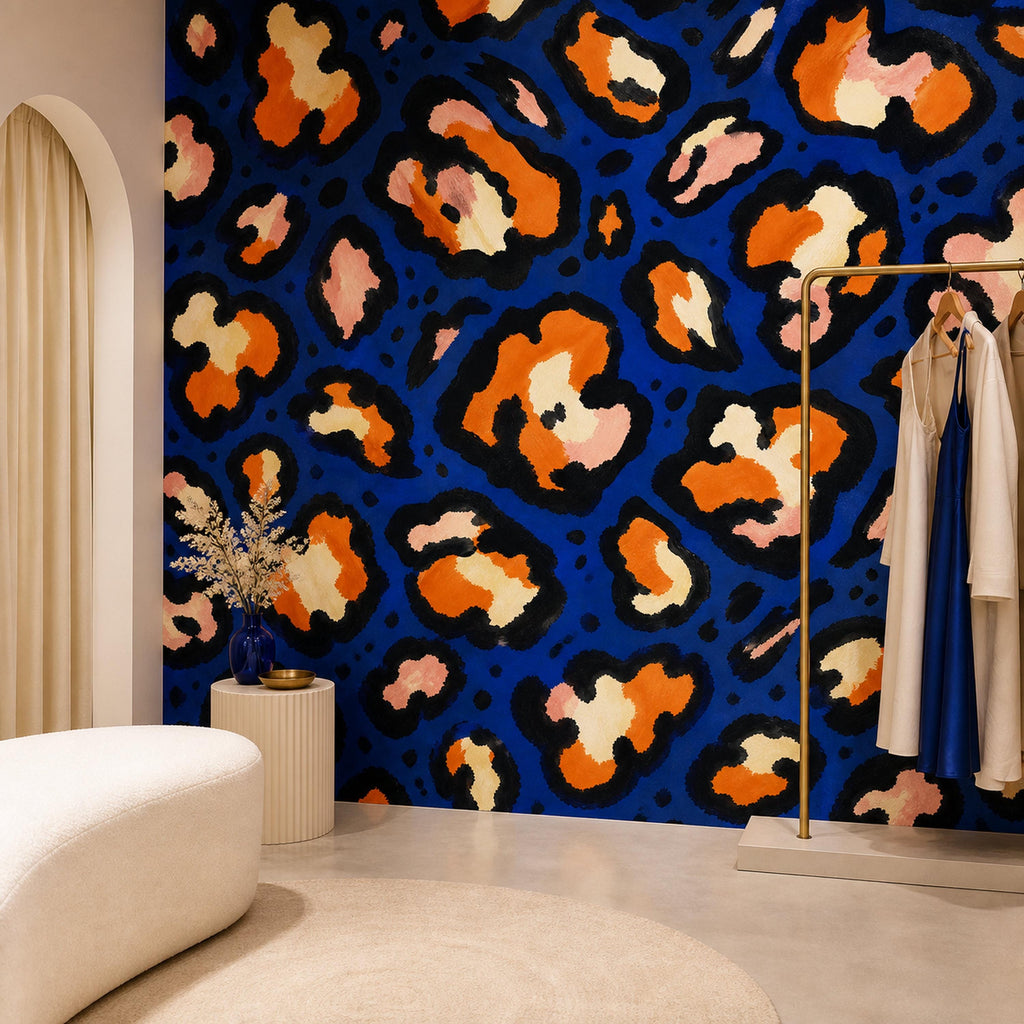 Cobalt leopard wallpaper in a dressing area with a white boucle bench and garment rack
