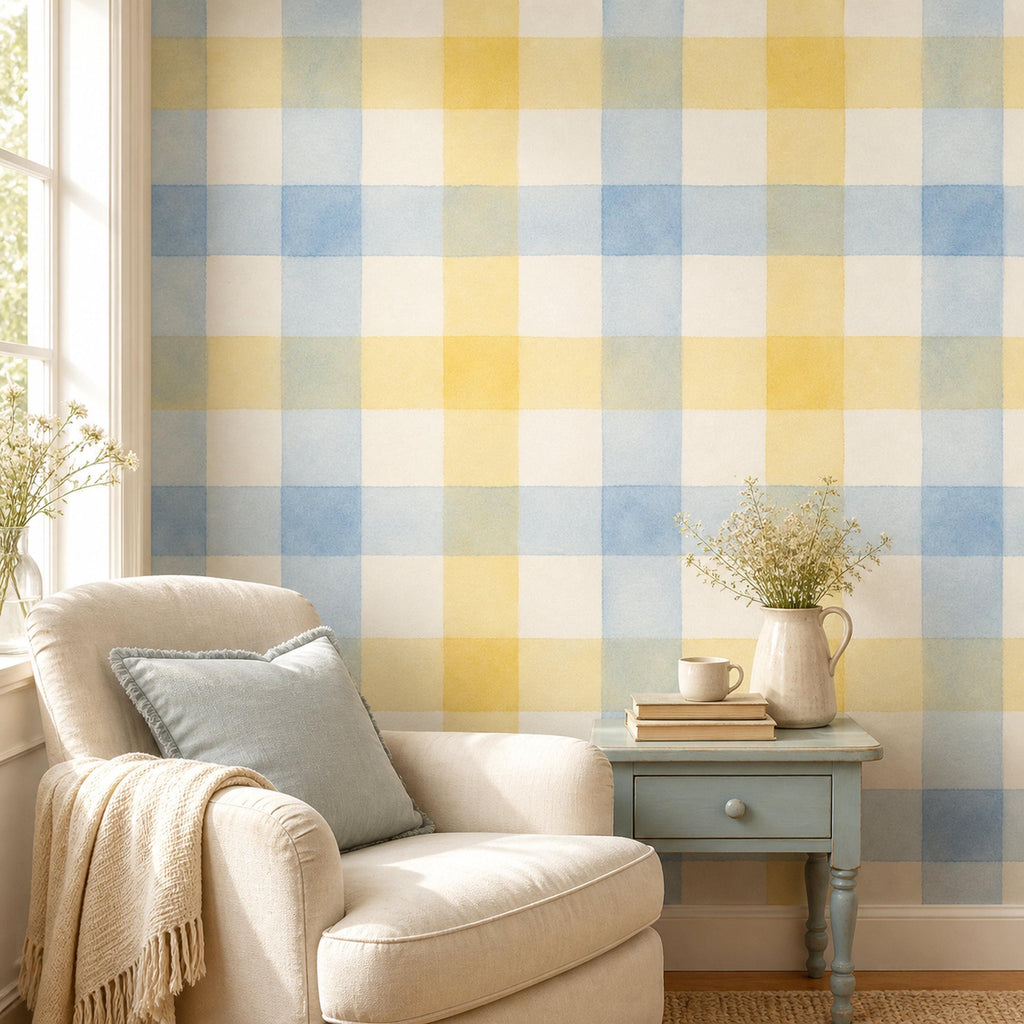 Blue checkered wallpaper installed in a cozy nursery with white crib and natural wood furniture accents