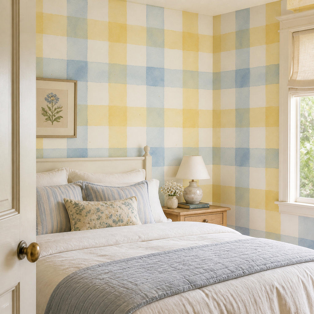 Close up of blue plaid watercolor wallpaper surface texture showing brushstroke detail and gentle color variation