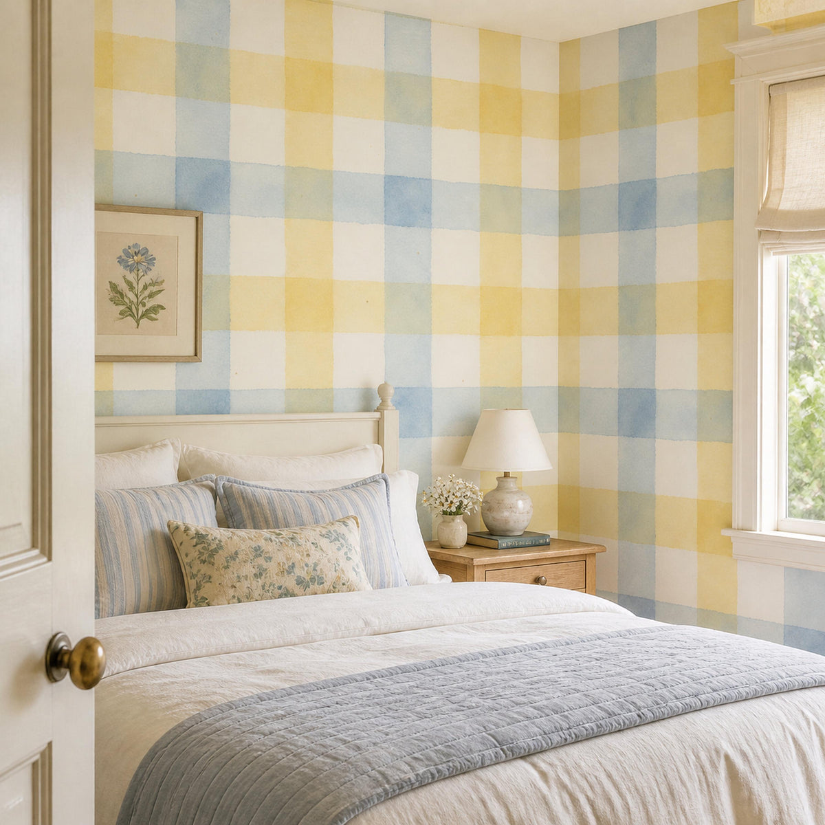 Close up of blue plaid watercolor wallpaper surface texture showing brushstroke detail and gentle color variation