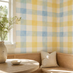 Scale reference for blue checkered wallpaper showing repeat size and pattern alignment across multiple panels