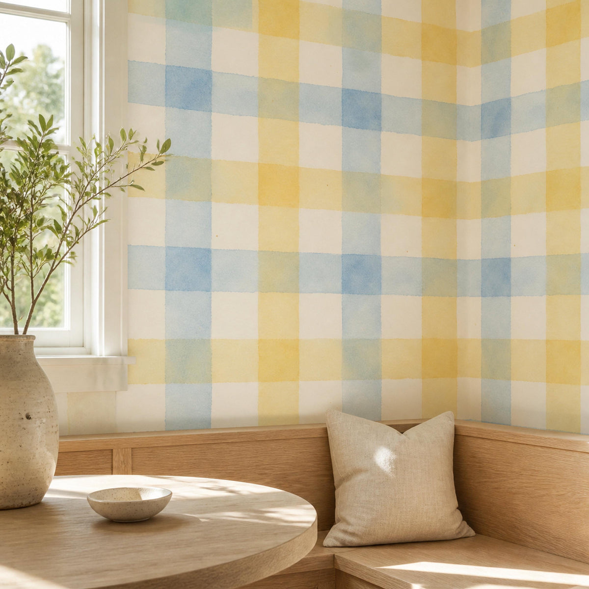 Scale reference for blue checkered wallpaper showing repeat size and pattern alignment across multiple panels