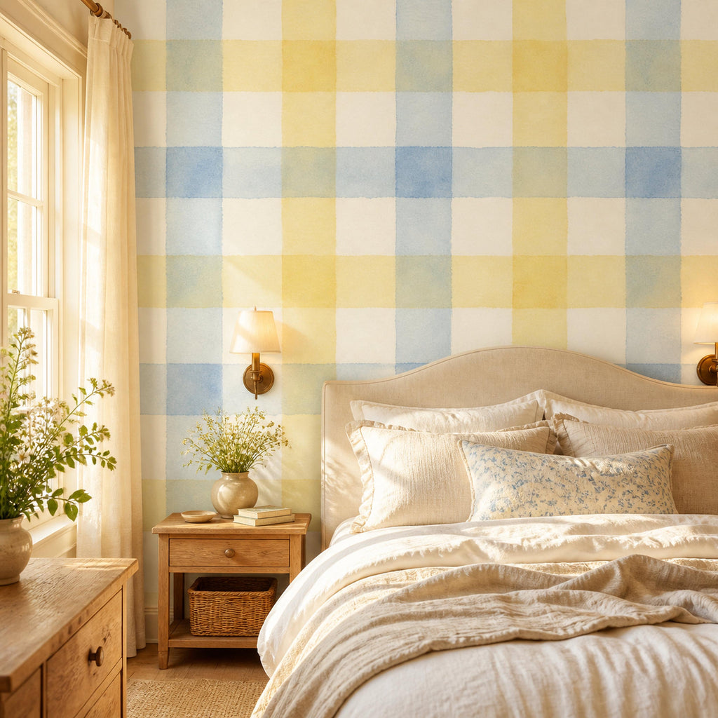 Step by step installation graphic for blue gingham peel and stick wallpaper showing wall prep and panel alignment