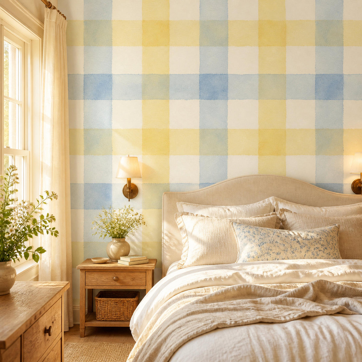 Step by step installation graphic for blue gingham peel and stick wallpaper showing wall prep and panel alignment