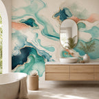 Teal abstract wave wallpaper mural in a bathroom with a freestanding tub, oval mirror and wooden vanity