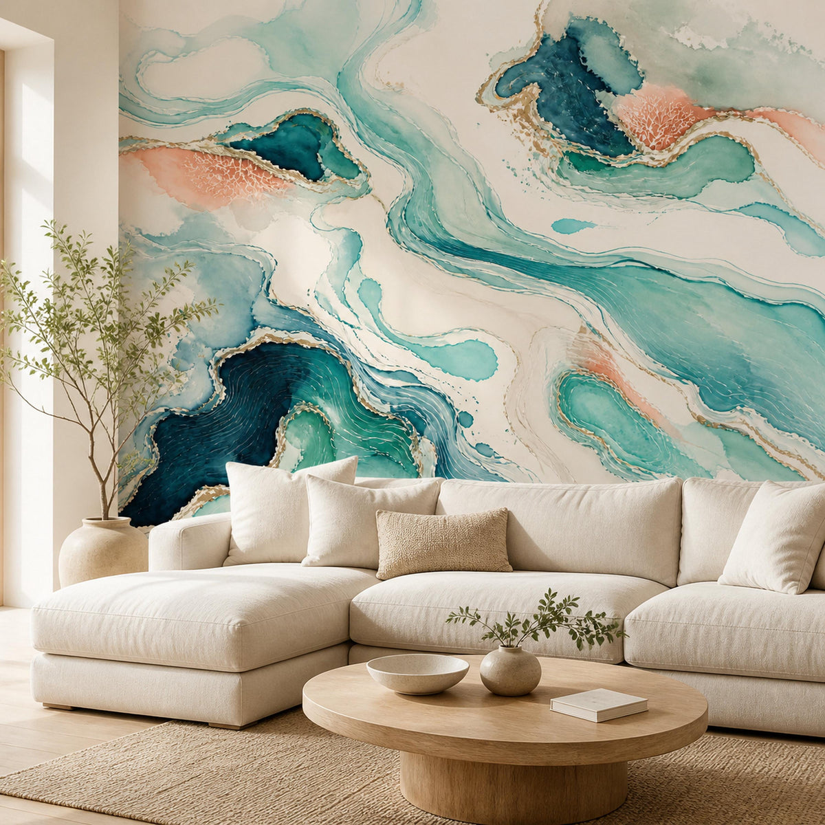 Teal abstract wave wallpaper mural in a living room with a cream sectional and round wooden coffee table