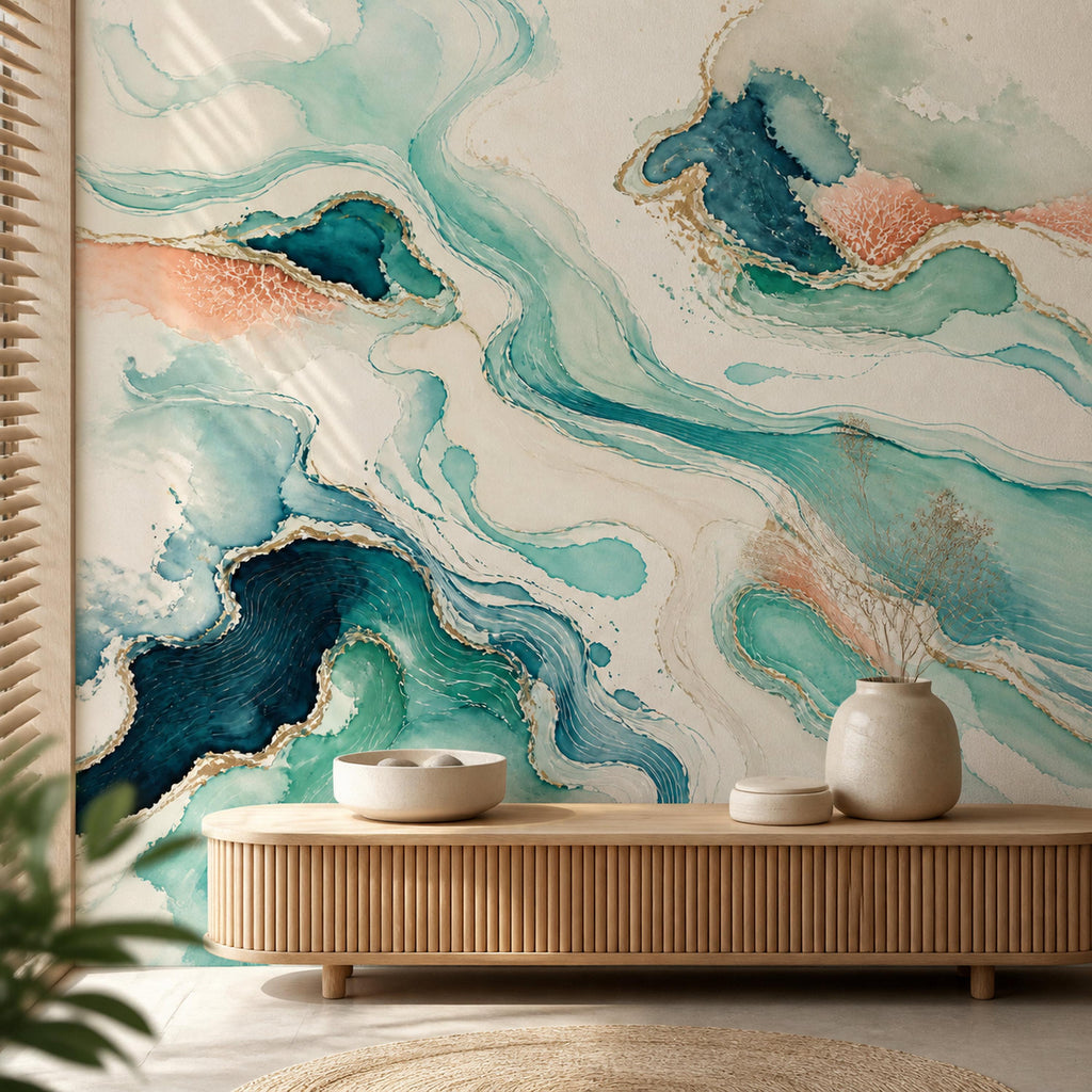 Teal abstract wave wallpaper mural above a low fluted wooden console with ceramic vases