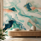 Teal abstract wave wallpaper mural above a low fluted wooden console with ceramic vases