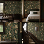 Dark green medieval rabbit wallpaper collage of a dining room, bedroom, bathroom vanity and staircase