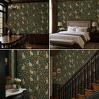 Dark green medieval rabbit wallpaper four-room collage with dining table, bed, bathroom basin and dark wood stairs
