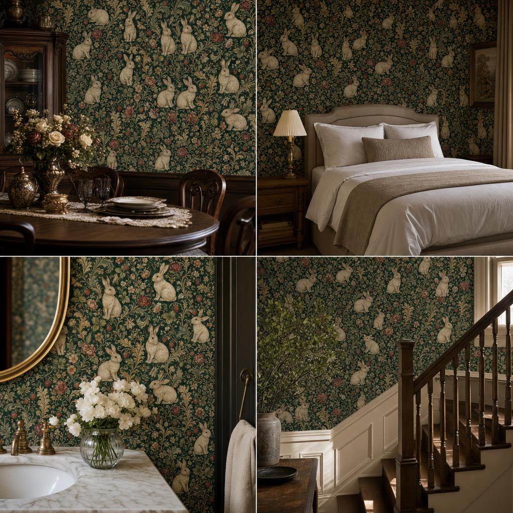 Dark green medieval rabbit wallpaper collage of a round dining table, bedroom, floral vanity and white staircase