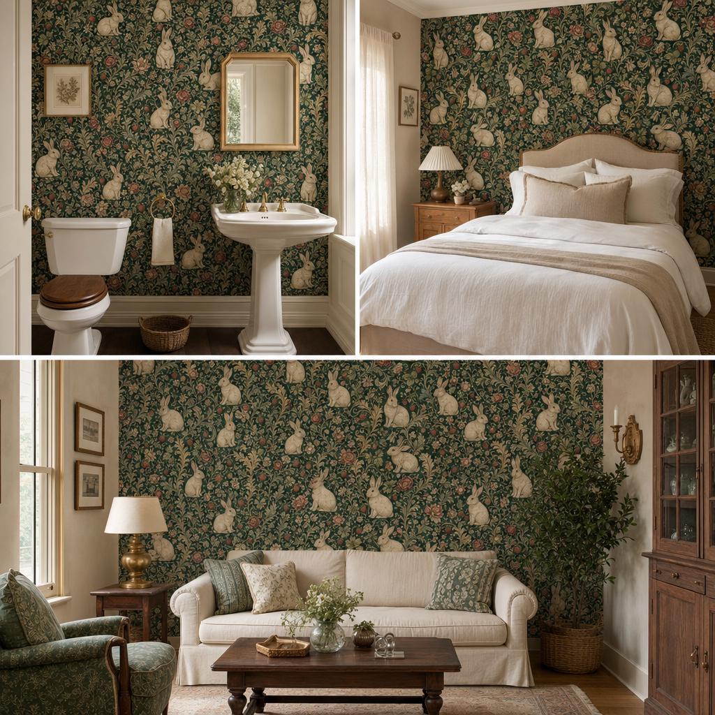 Dark green medieval rabbit wallpaper collage of a powder room with pedestal sink, bedroom and living room