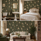 Dark green medieval rabbit wallpaper collage of a powder room with pedestal sink, bedroom and living room