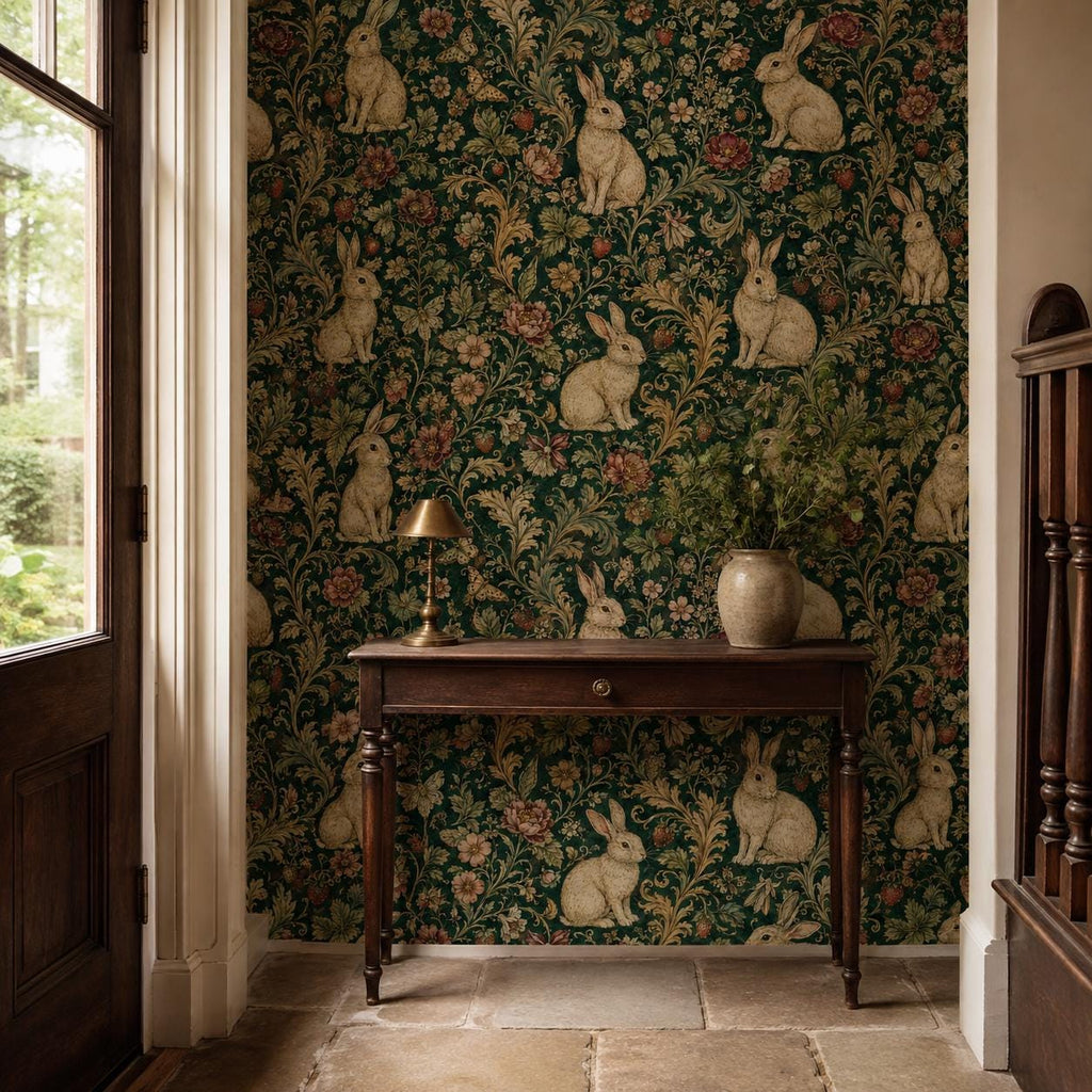 Dark green medieval rabbit wallpaper in an entryway with a wooden console table beside an open door