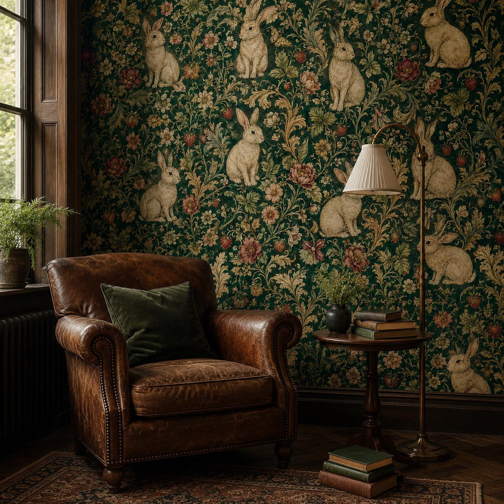 Dark green medieval rabbit wallpaper in a reading corner with a leather armchair and floor lamp