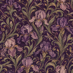 Art Nouveau iris wallpaper close-up of purple irises and swirling green leaves on a dark background