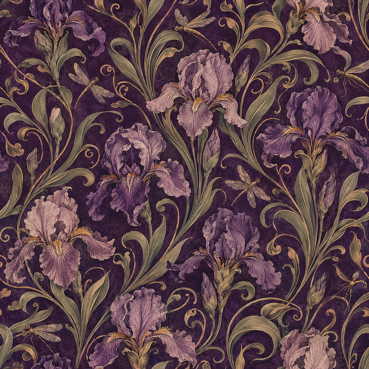 Art Nouveau iris wallpaper close-up of purple irises and swirling green leaves on a dark background