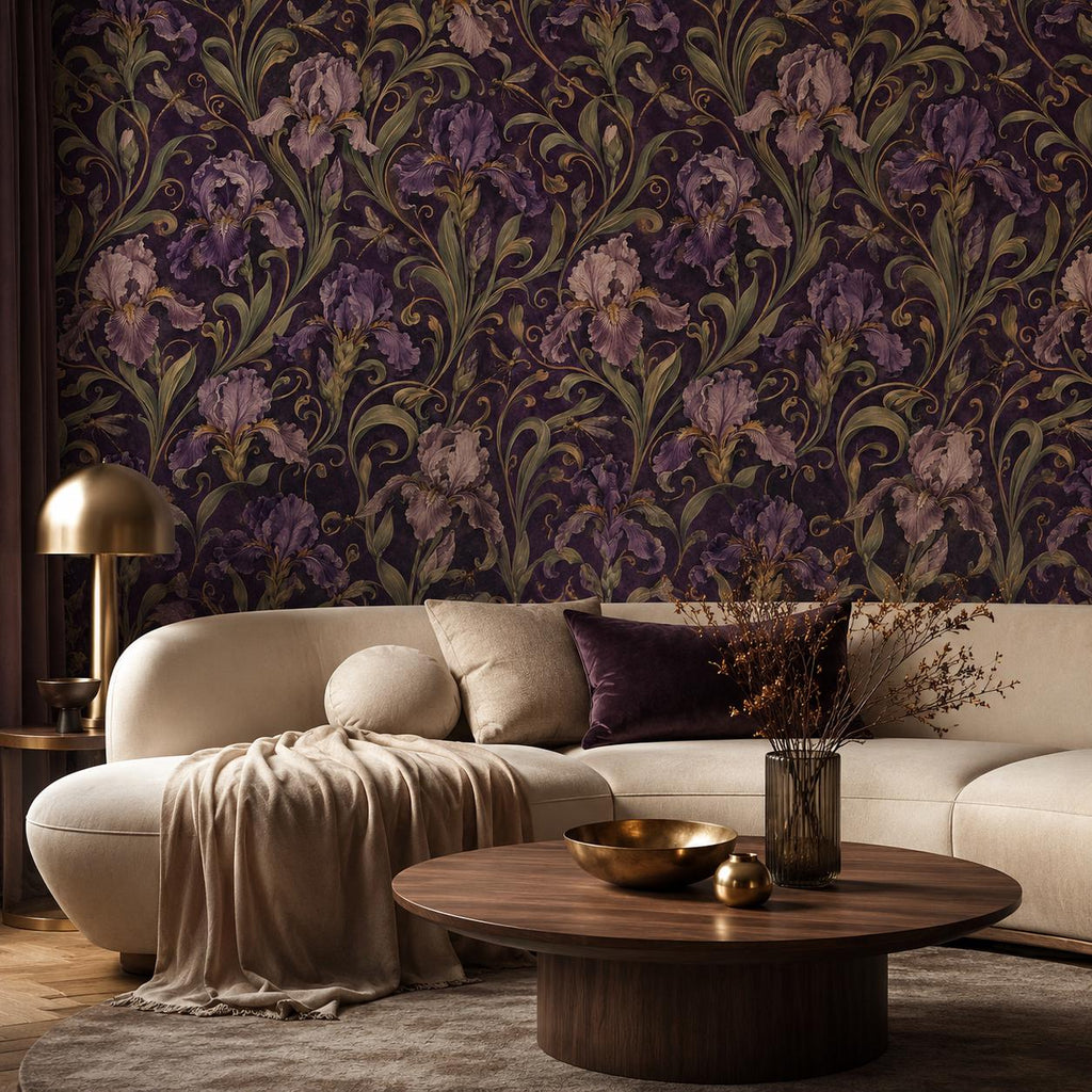 Art Nouveau iris wallpaper in a living room with a curved cream sofa and round wooden coffee table
