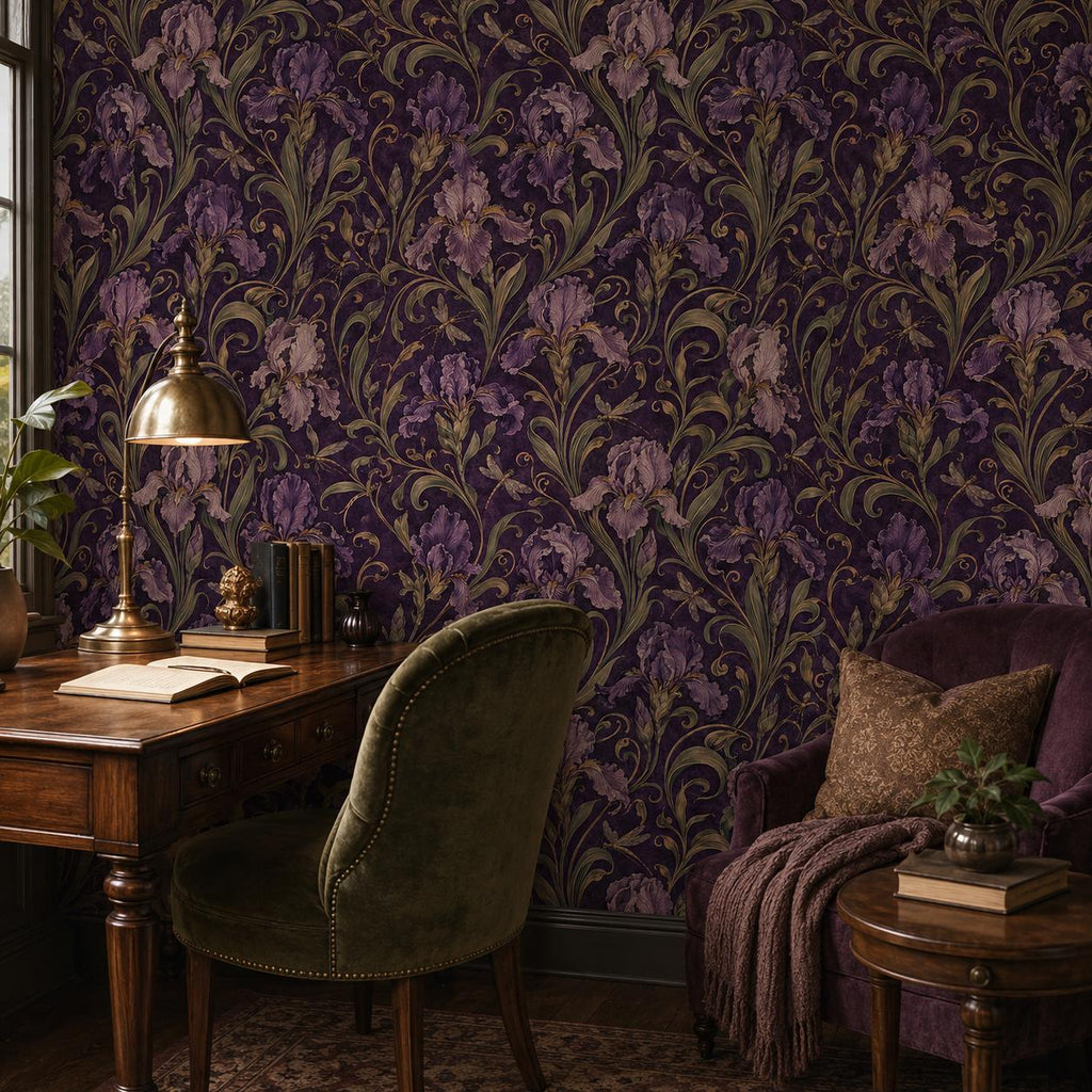 Art Nouveau iris wallpaper in a study with a wooden desk, green velvet chair and brass lamp