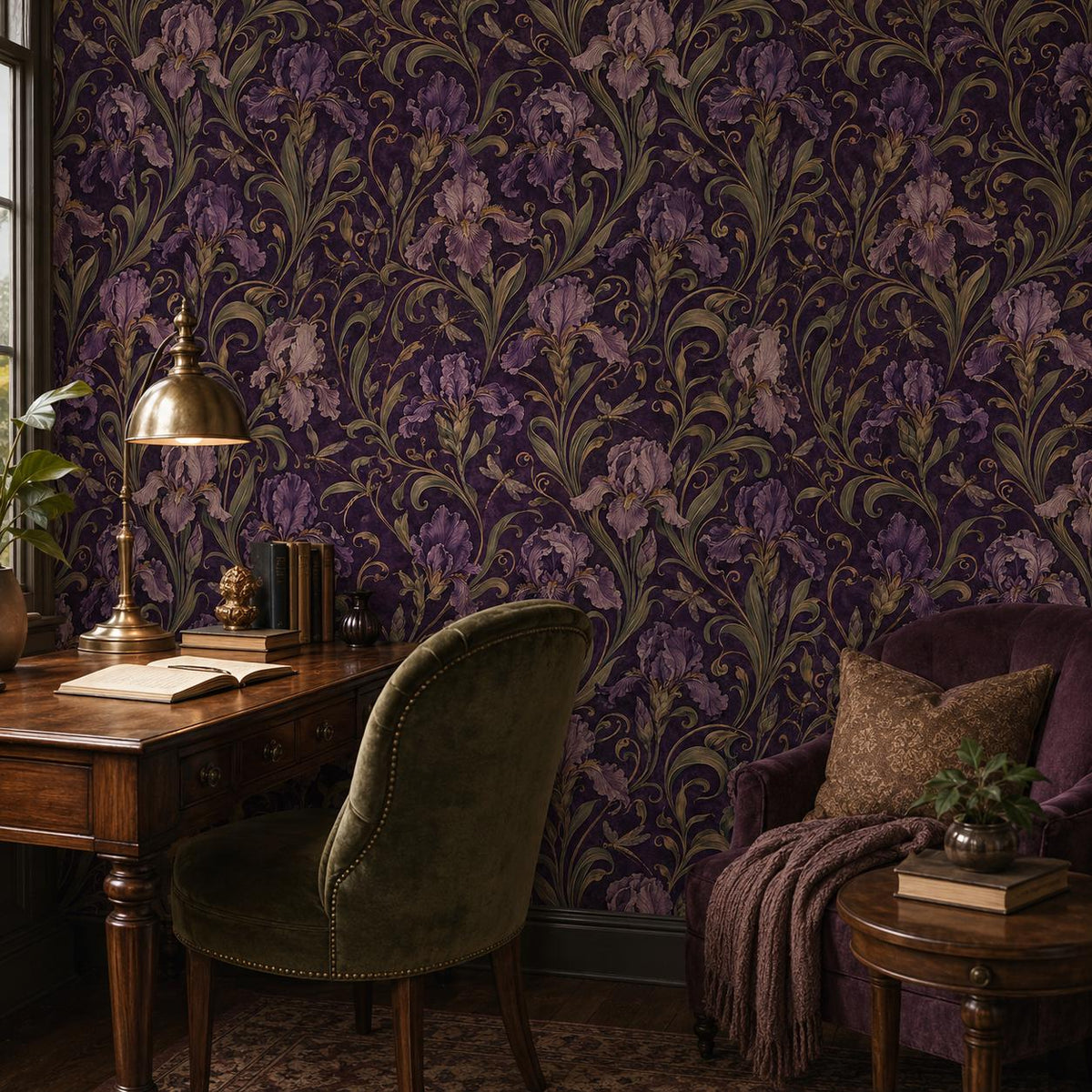 Art Nouveau iris wallpaper in a study with a wooden desk, green velvet chair and brass lamp