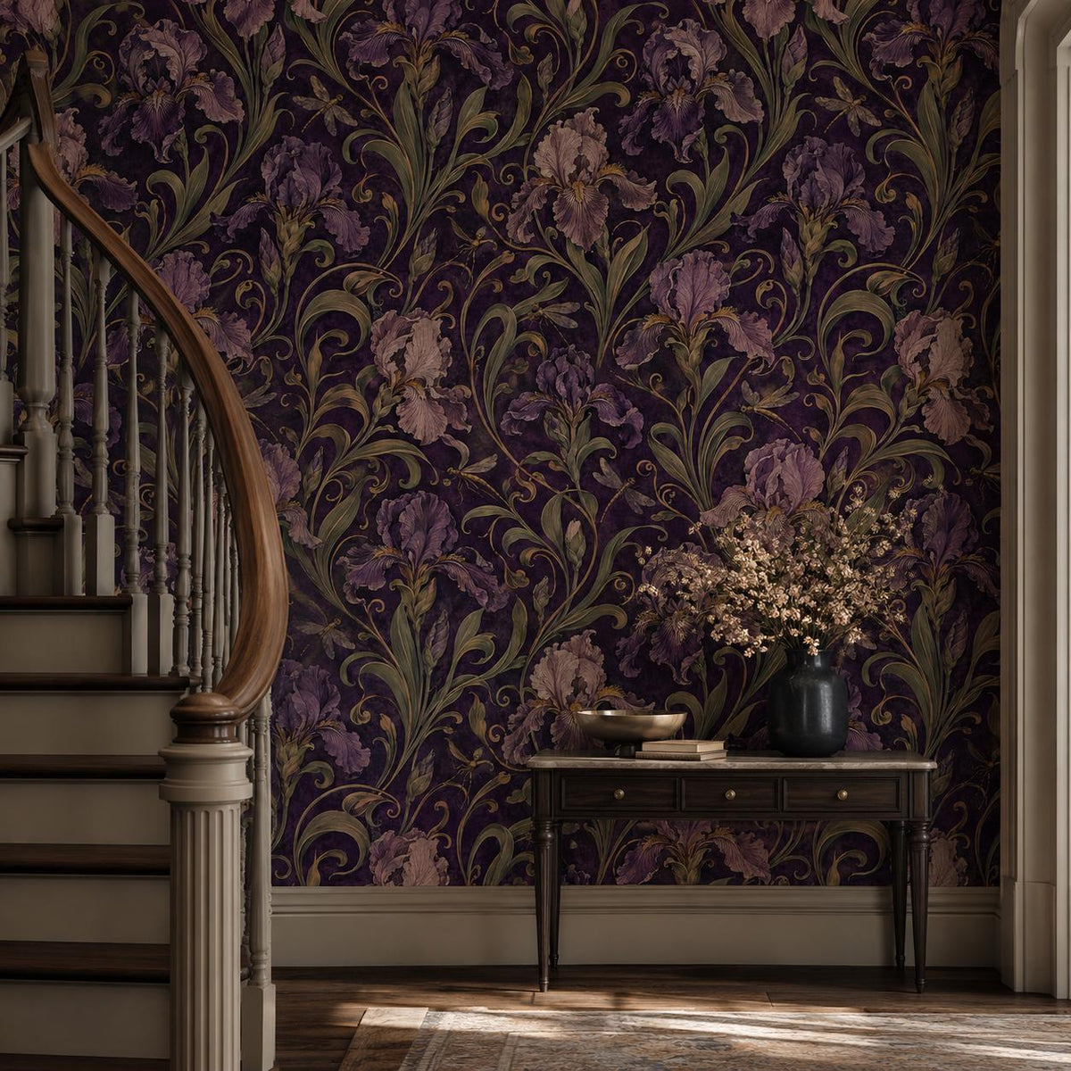 Art Nouveau iris wallpaper in a hallway with a curved staircase, console table and dried flowers