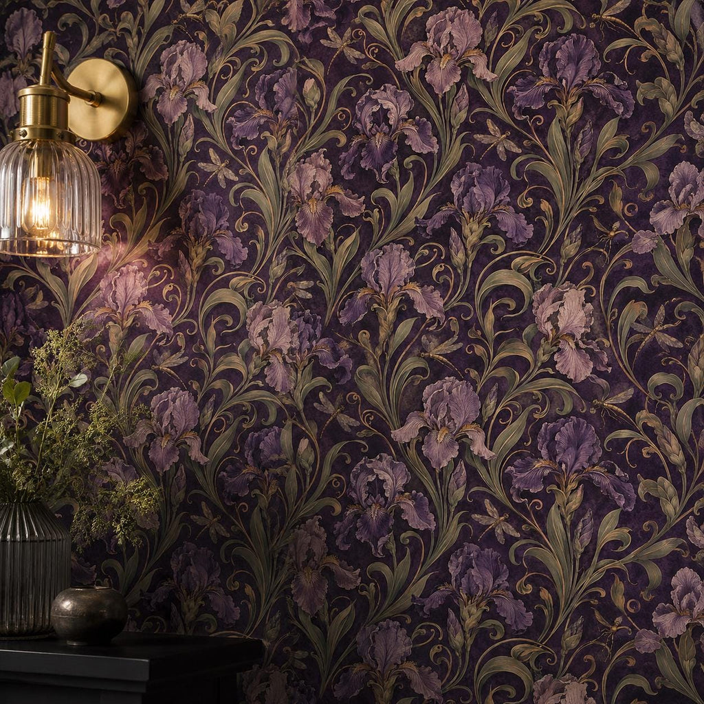 Art Nouveau iris wallpaper close-up of the wall lit by a glass wall sconce beside greenery