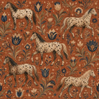 Terracotta folk art horse wallpaper flat view of spotted horses among blue tulips and folk florals