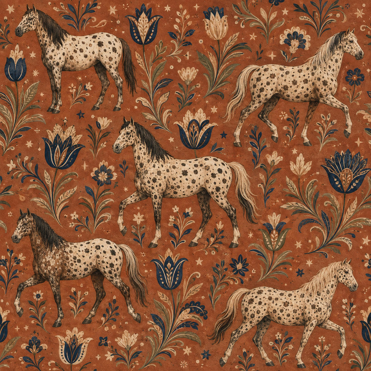Terracotta folk art horse wallpaper flat view of spotted horses among blue tulips and folk florals
