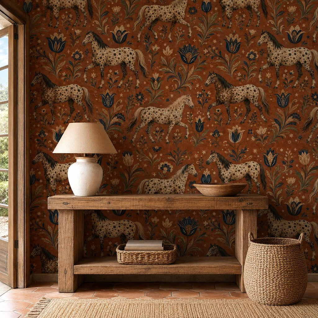 Terracotta folk art horse wallpaper in an entryway with a rustic wooden console, white lamp and woven basket