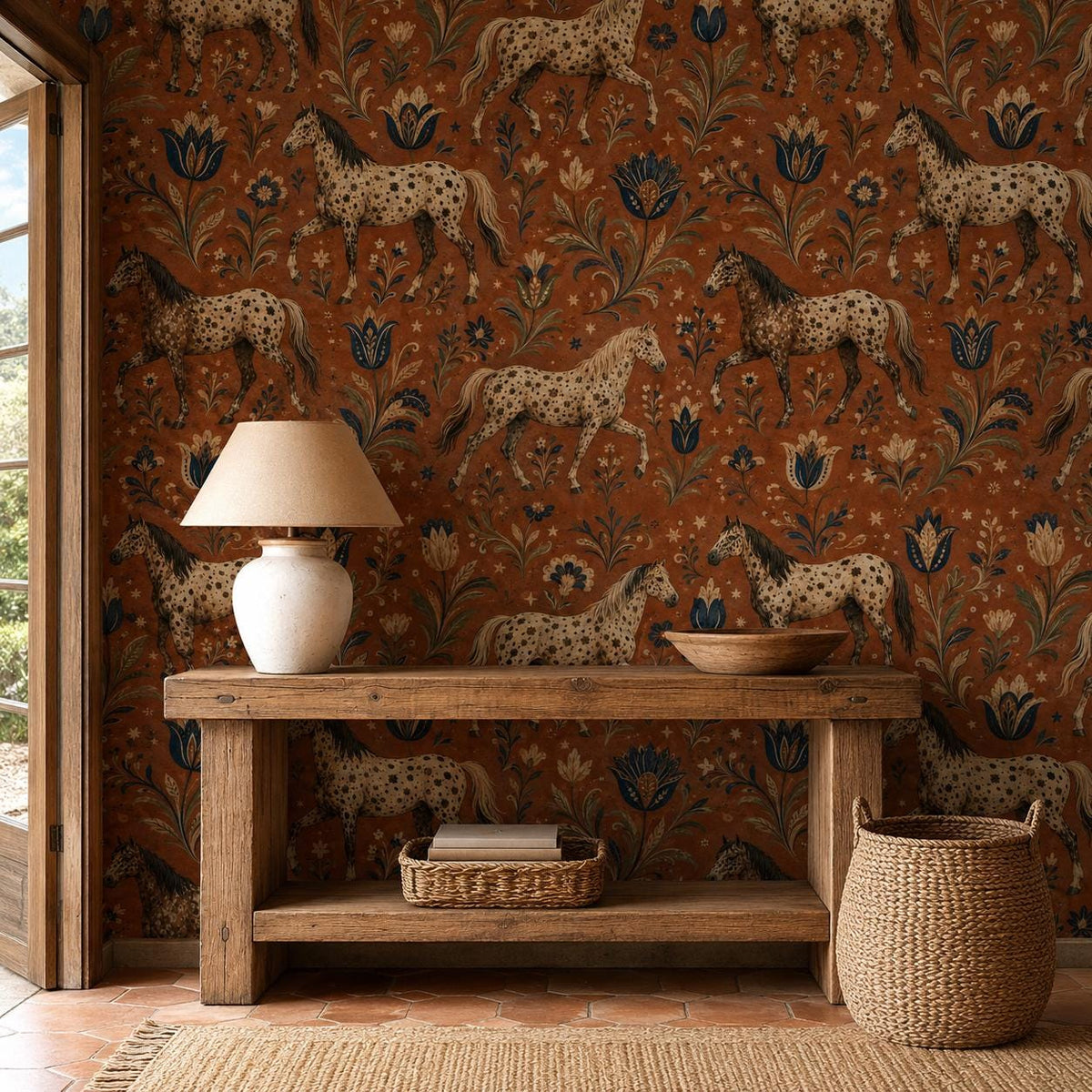 Terracotta folk art horse wallpaper in an entryway with a rustic wooden console, white lamp and woven basket