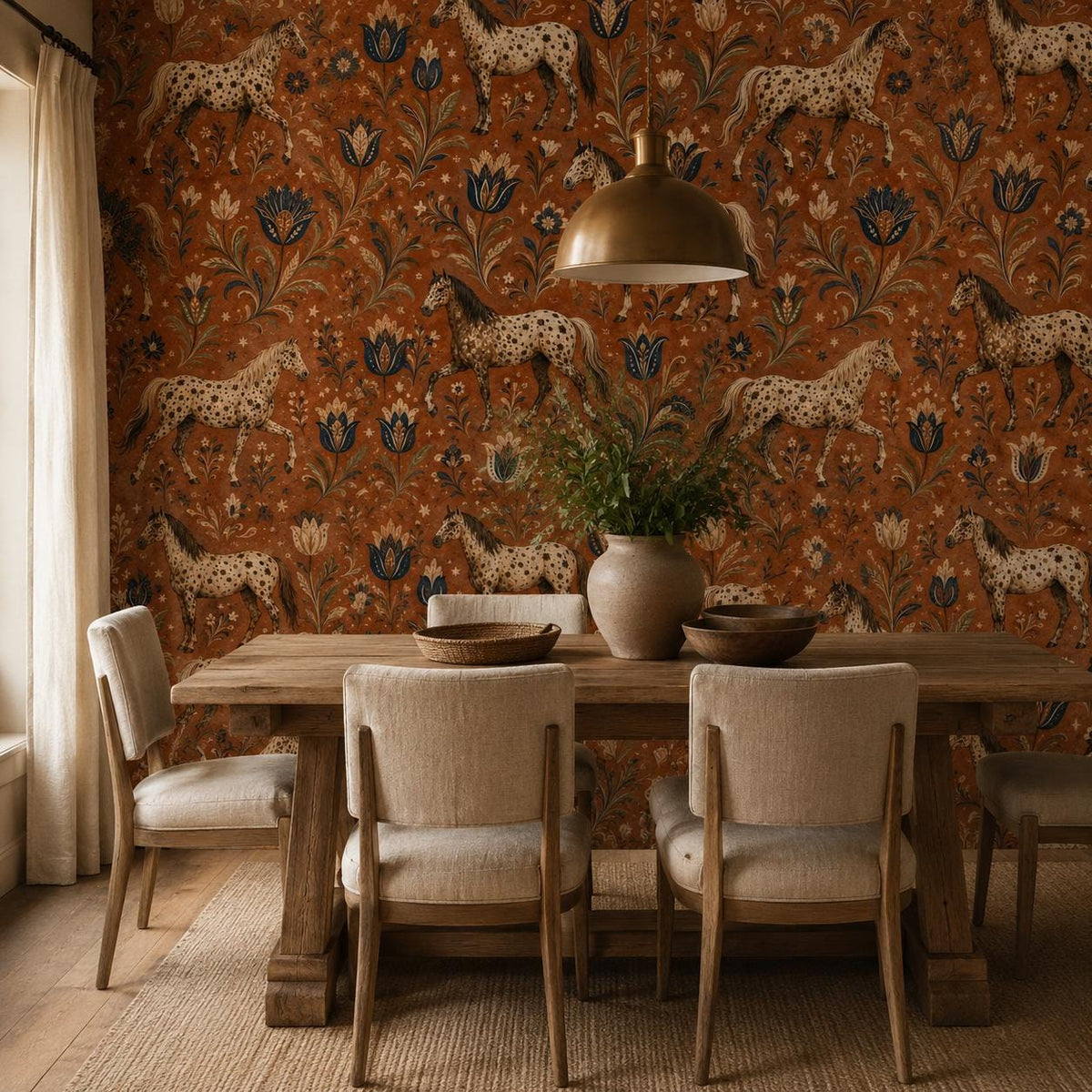 Terracotta folk art horse wallpaper in a dining room with a wooden table, upholstered chairs and brass pendant