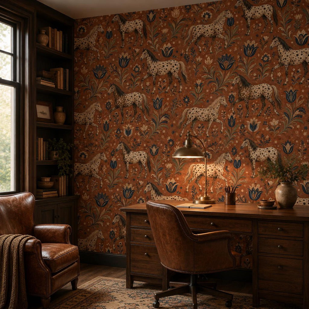 Terracotta folk art horse wallpaper in a home office with a wooden desk, leather chair and tall bookcase