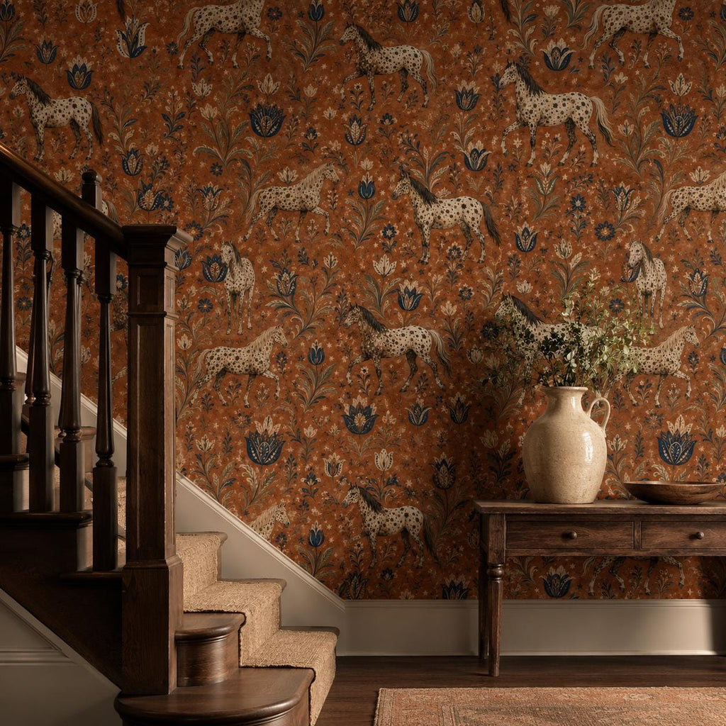 Terracotta folk art horse wallpaper in a hallway beside a wooden staircase with a console table and vase