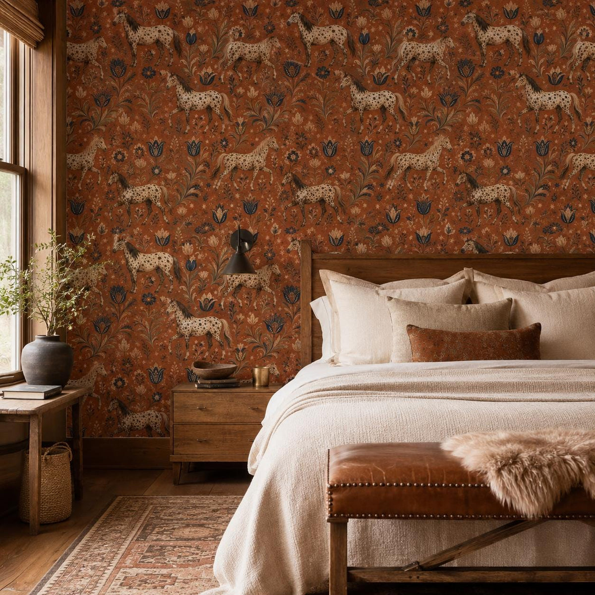 Terracotta folk art horse wallpaper in a bedroom with a wooden bed, layered pillows and a leather bench