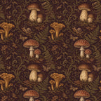Dark plum mushroom toile wallpaper flat view of toadstools, chanterelles and ferns on a dark plum ground