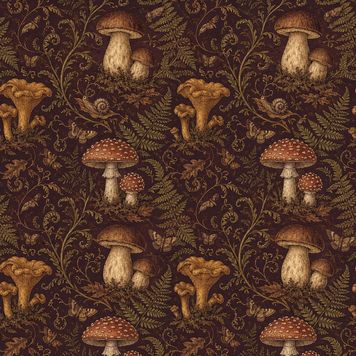 Dark plum mushroom toile wallpaper flat view of toadstools, chanterelles and ferns on a dark plum ground