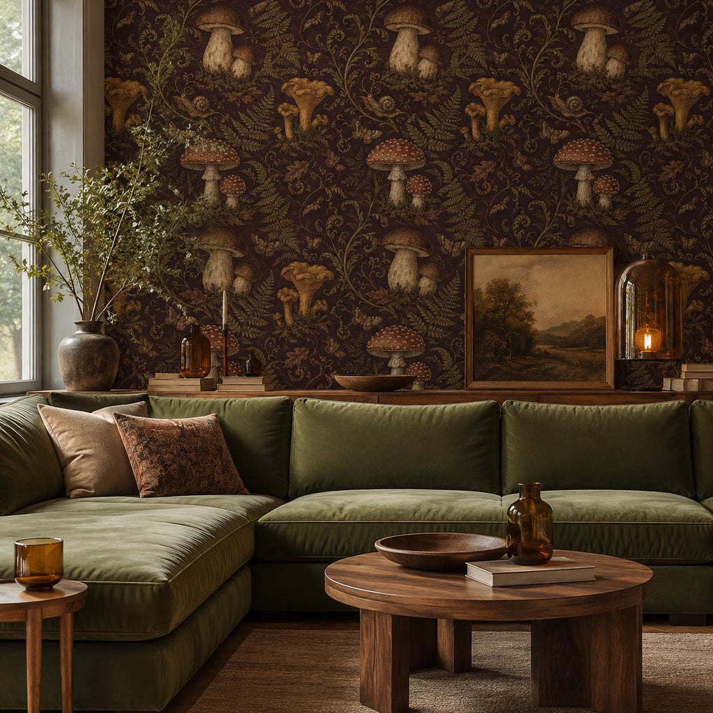 Dark plum mushroom toile wallpaper in a living room with a green velvet sectional and round coffee table