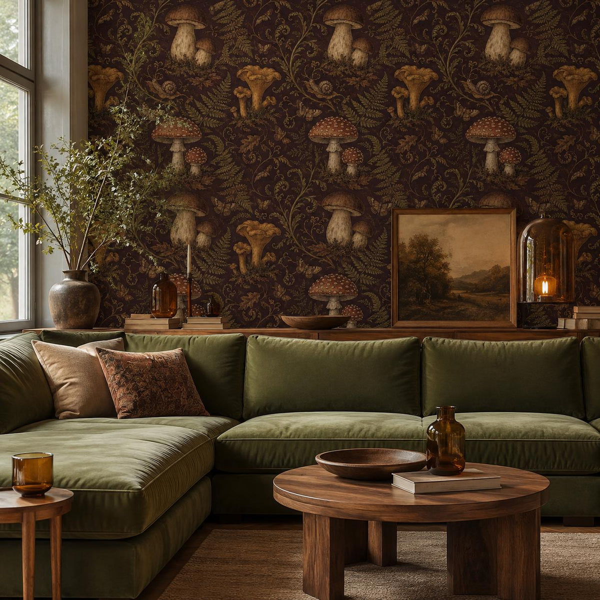 Dark plum mushroom toile wallpaper in a living room with a green velvet sectional and round coffee table