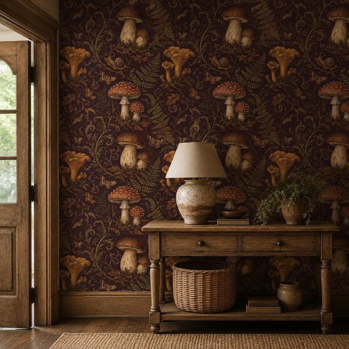 Dark plum mushroom toile wallpaper in an entryway with a wooden console, ceramic lamp and basket