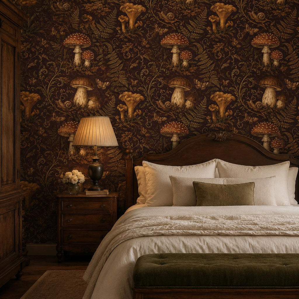 Dark plum mushroom toile wallpaper in a bedroom with a wooden headboard, table lamp and velvet bench