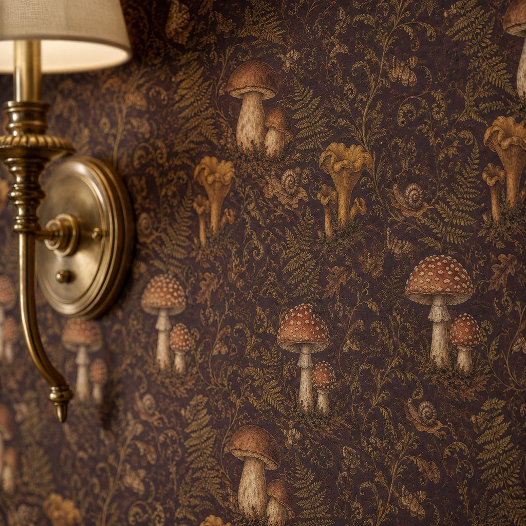 Dark plum mushroom toile wallpaper close-up with a brass wall sconce against the print