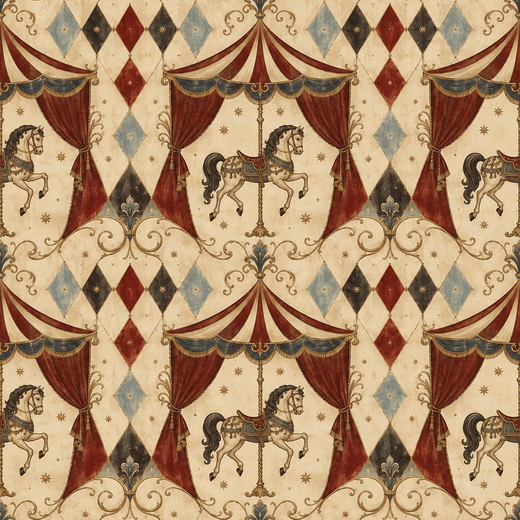 Oxblood harlequin circus wallpaper flat view of the carousel horse, circus tent and harlequin diamond design