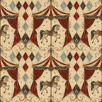 Oxblood harlequin circus wallpaper flat view of the carousel horse, circus tent and harlequin diamond design