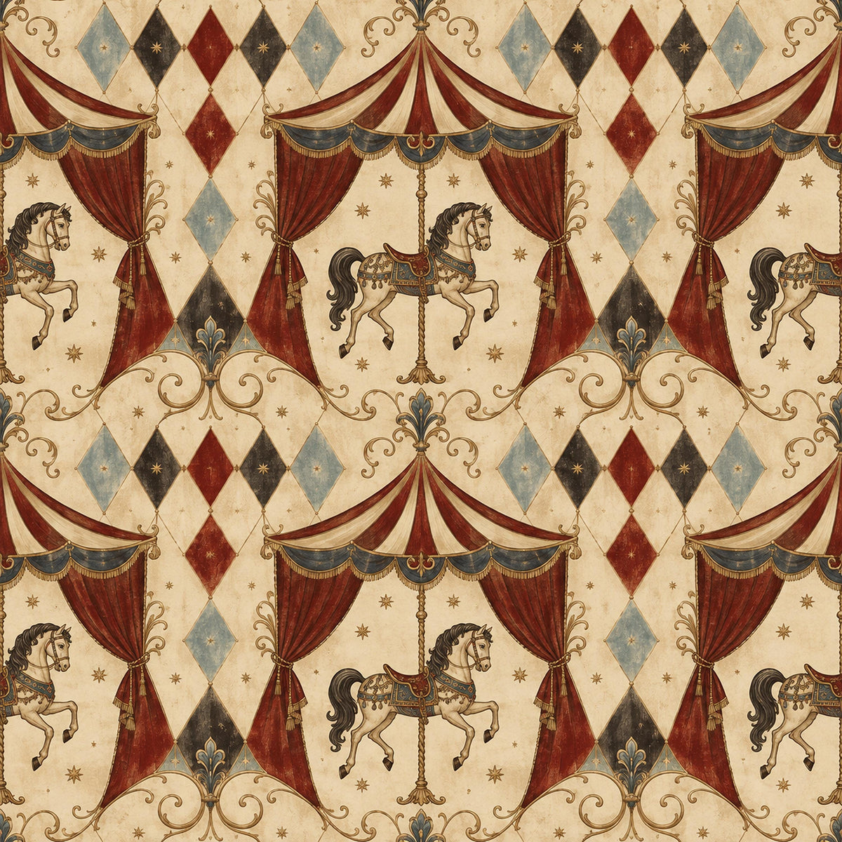 Oxblood harlequin circus wallpaper flat view of the carousel horse, circus tent and harlequin diamond design