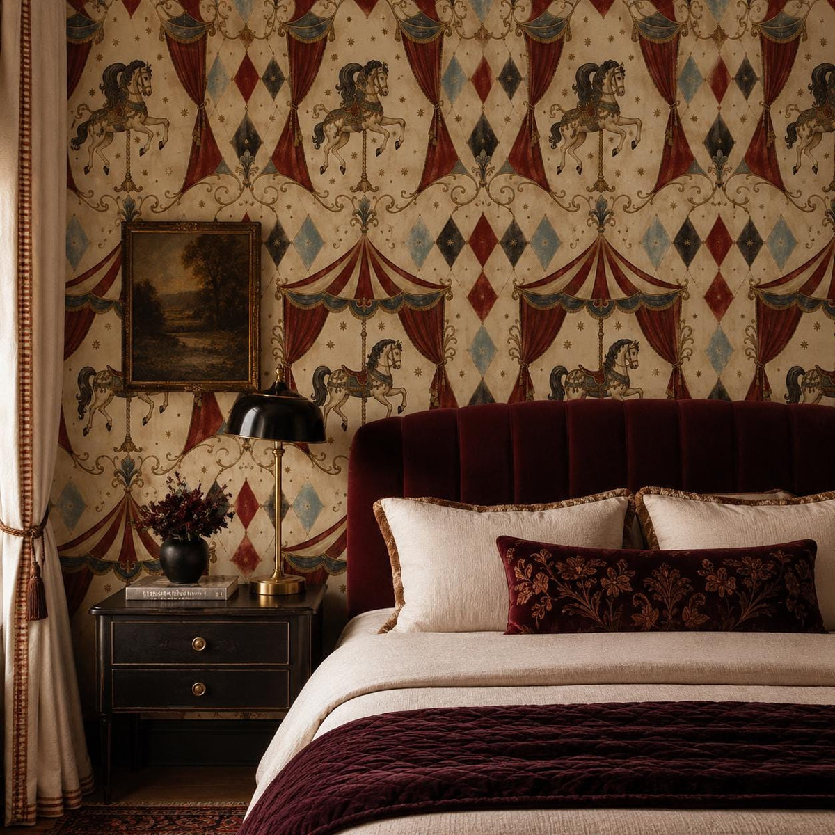 Oxblood harlequin circus wallpaper behind a bed with a red velvet headboard and dark nightstand